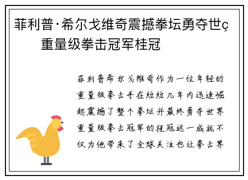 菲利普·希尔戈维奇震撼拳坛勇夺世界重量级拳击冠军桂冠