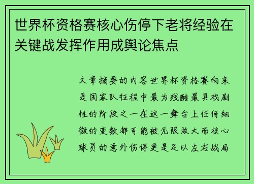 世界杯资格赛核心伤停下老将经验在关键战发挥作用成舆论焦点