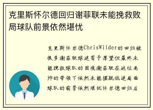 克里斯怀尔德回归谢菲联未能挽救败局球队前景依然堪忧 克里斯怀尔德回归谢菲联未能挽救败局球队前景依然堪忧